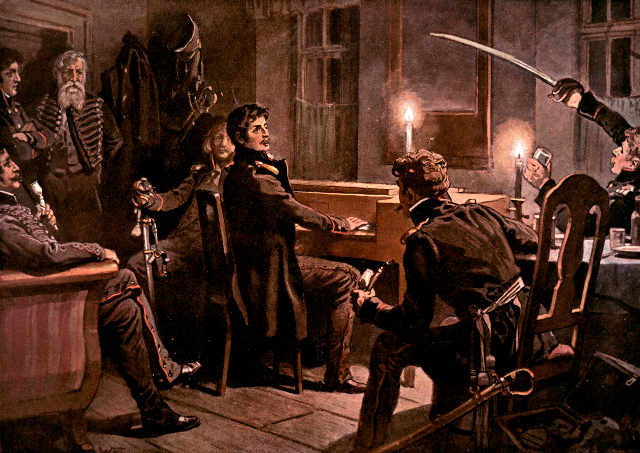 The Lutzow in the gift of God. Theodor Körner playing his sword song for his comrades on the night before his death