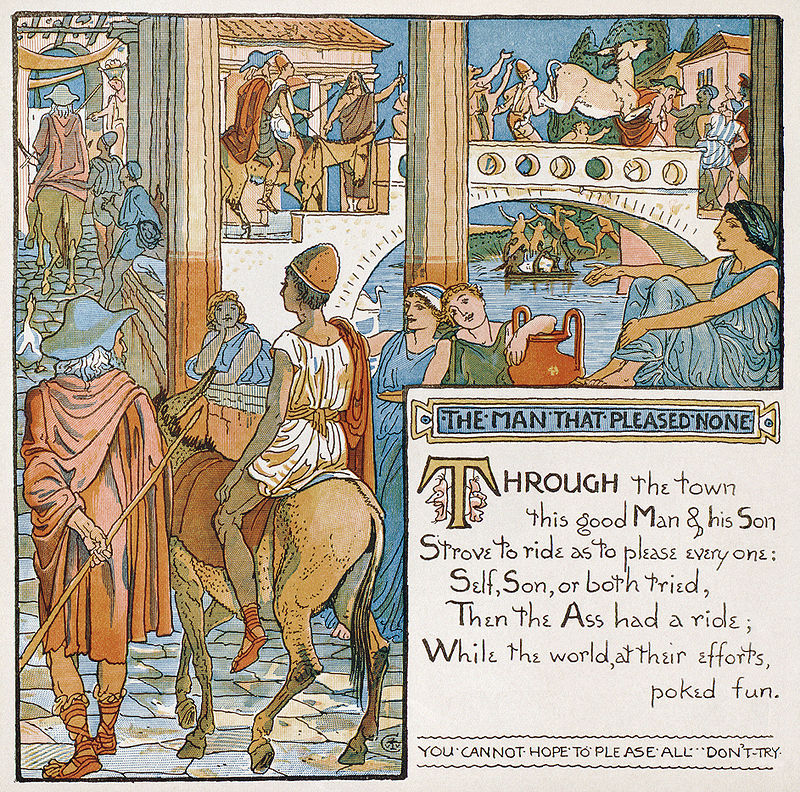 Illustration by Walter Crane for "The Man That Pleased None" from Baby's Own Aesop, a children's edition of Aesop's fables 1887