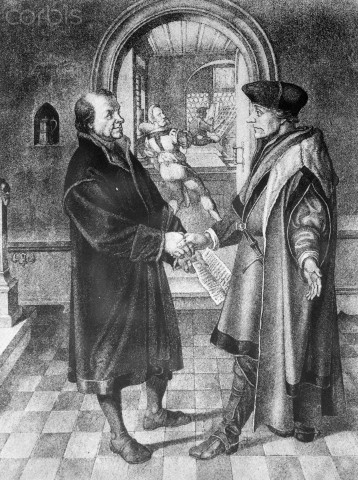 Original caption: Erasmus of Rotterdam in the print shop of his friend Johannes Froben of Basle. --- Image by © Corbis