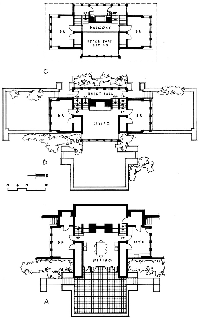 A central fireplace and the two story living room and dining room are in the middle with bedrooms at each end.